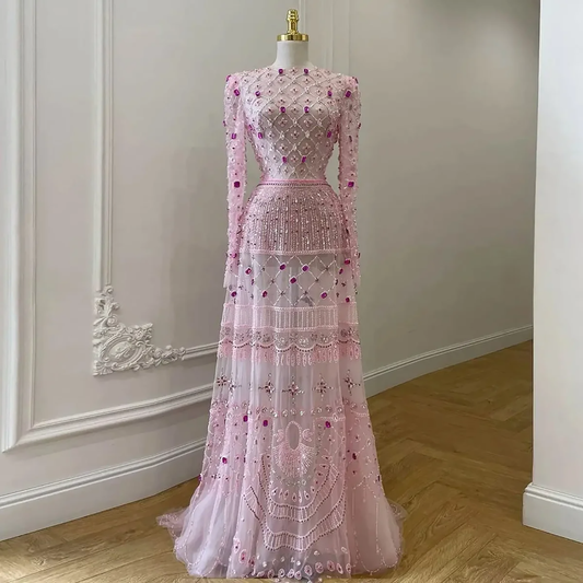 Luxury Pink Beaded Long Sleeve Geometric Evening Dress LA73658