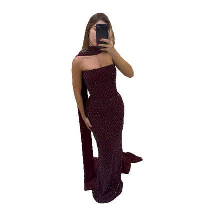 Luxury Wine Red Beaded Mermaid Evening Dress With Cape LA73660