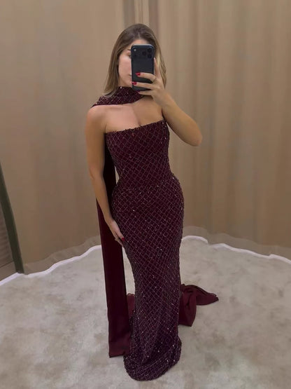 Luxury Wine Red Beaded Mermaid Evening Dress With Cape LA73660