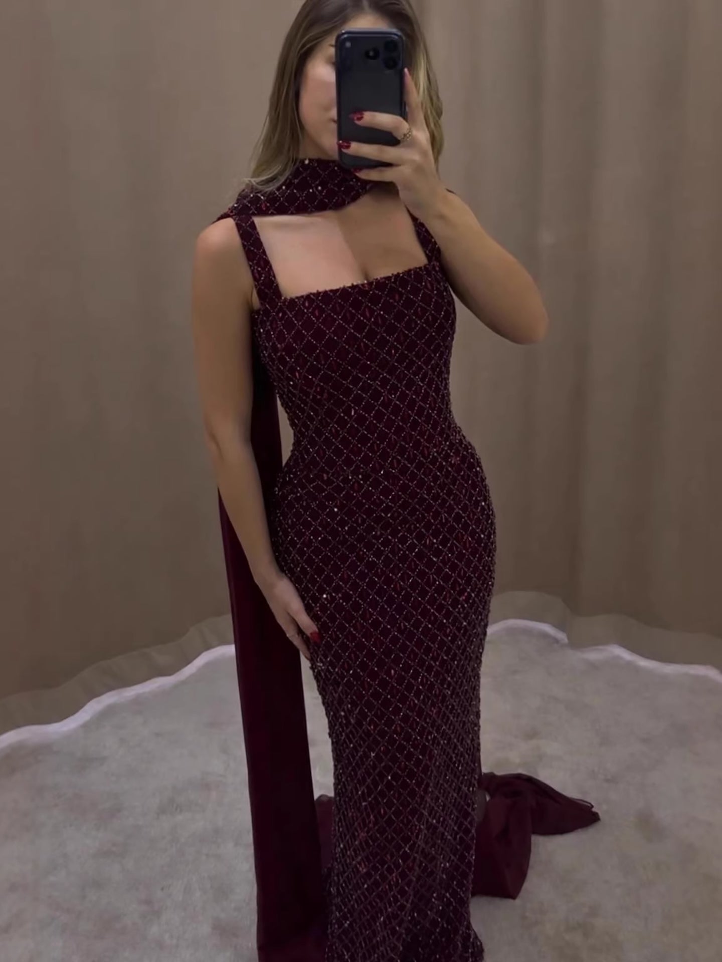 Luxury Wine Red Beaded Mermaid Evening Dress With Cape LA73660