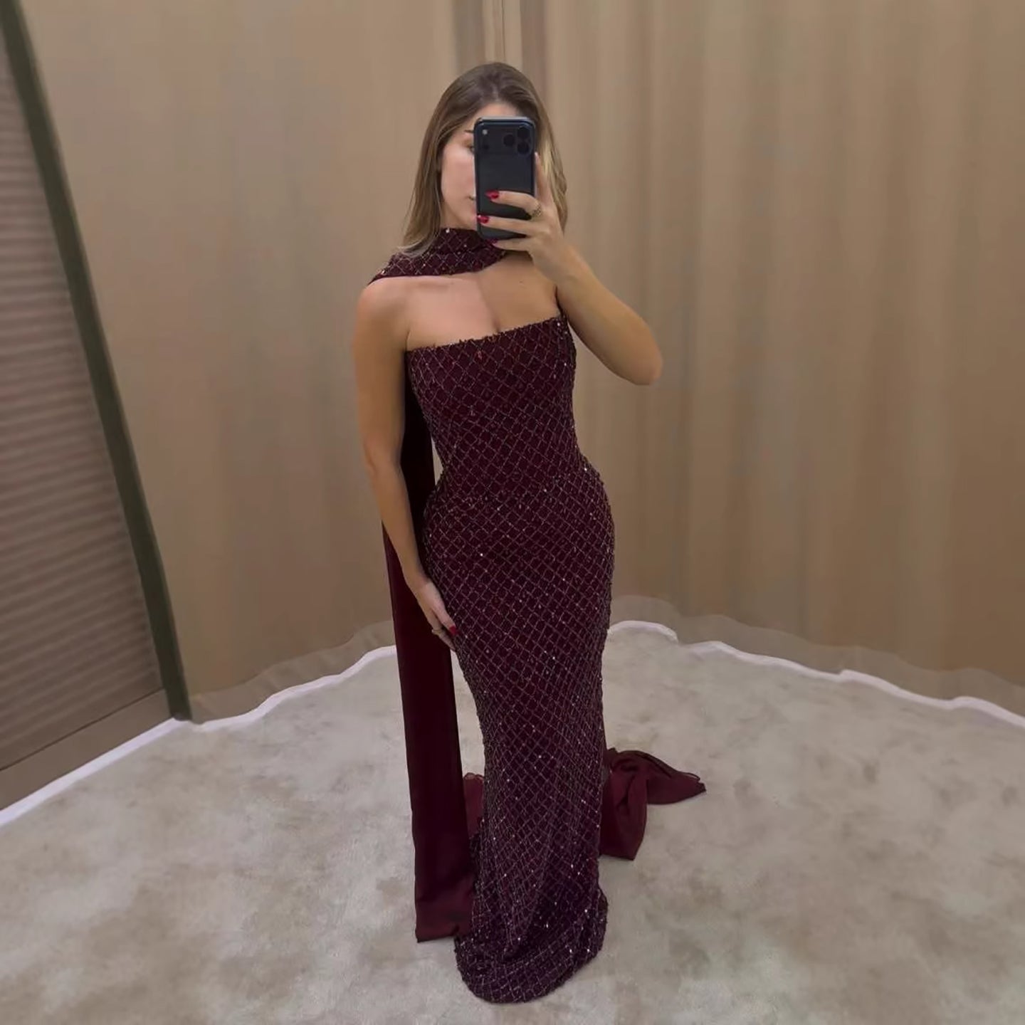 Luxury Wine Red Beaded Mermaid Evening Dress With Cape LA73660