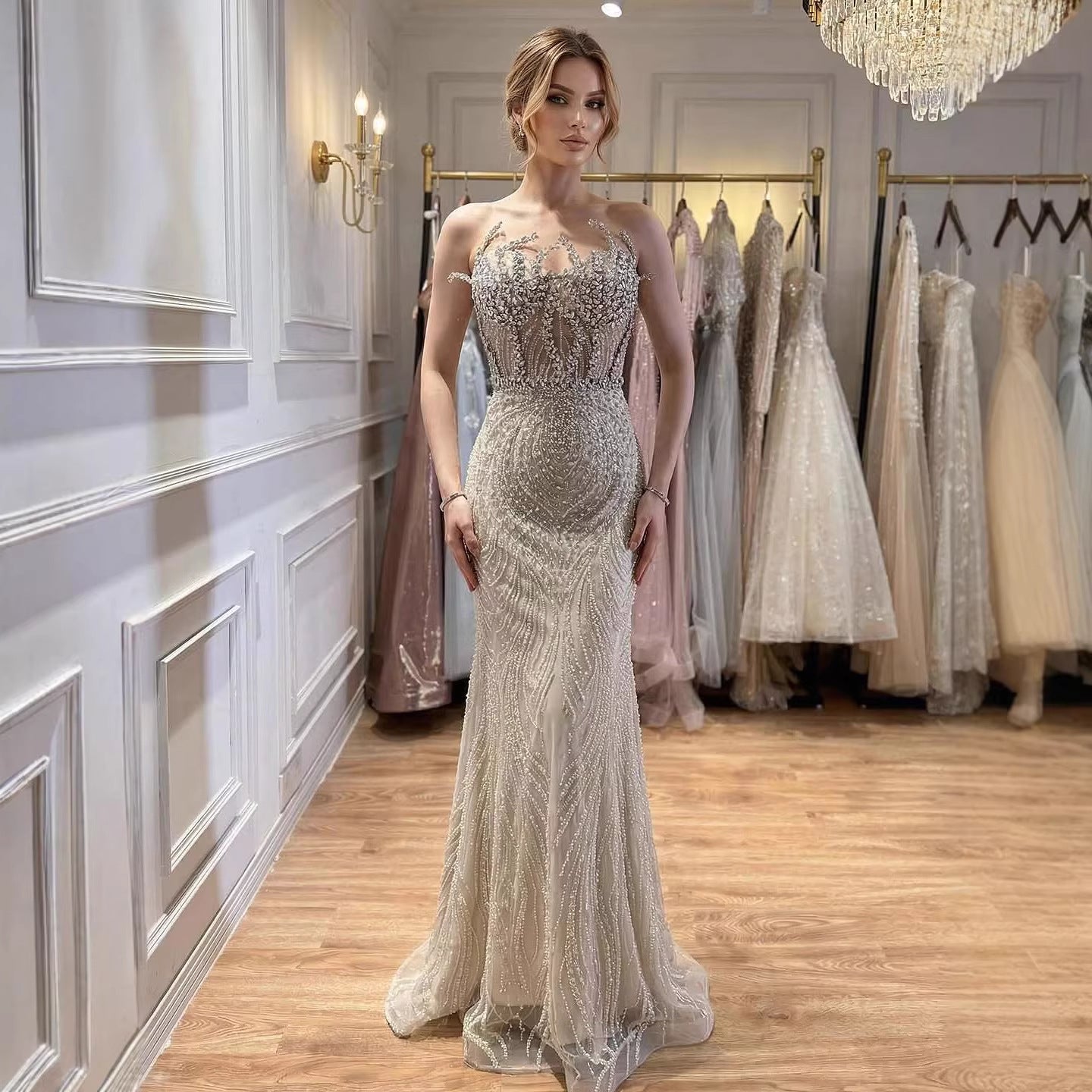 Luxury Nude Crystal Beaded Mermaid Evening Dress LA73661