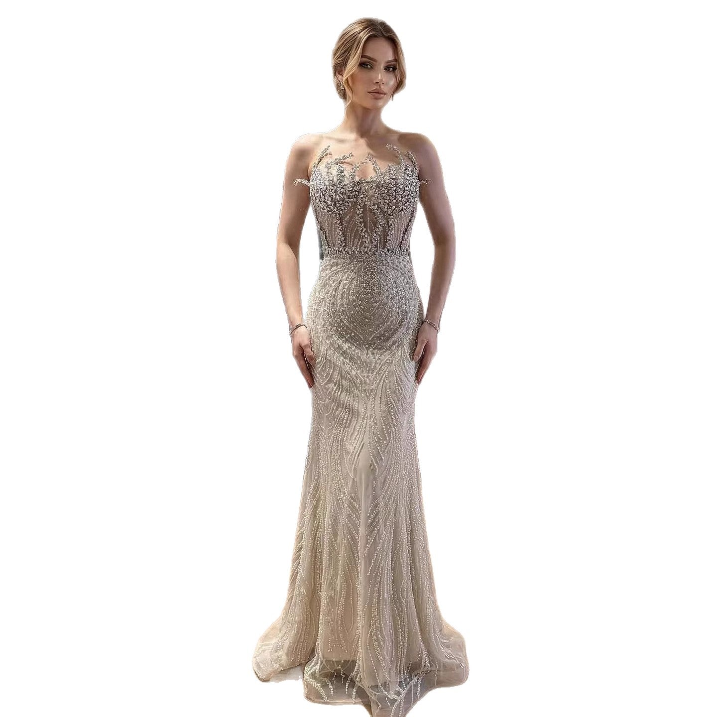 Luxury Nude Crystal Beaded Mermaid Evening Dress LA73661