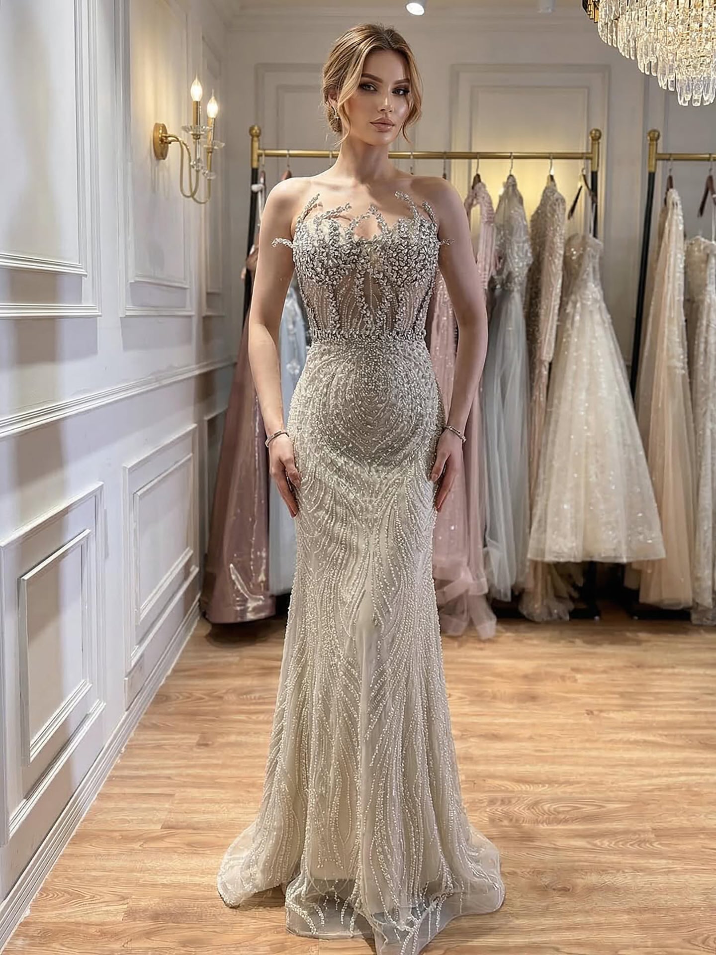 Luxury Nude Crystal Beaded Mermaid Evening Dress LA73661