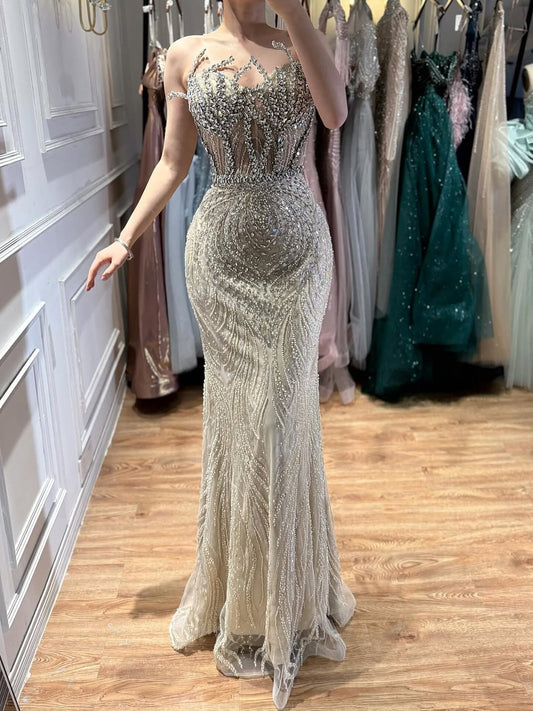 Luxury Nude Crystal Beaded Mermaid Evening Dress LA73661