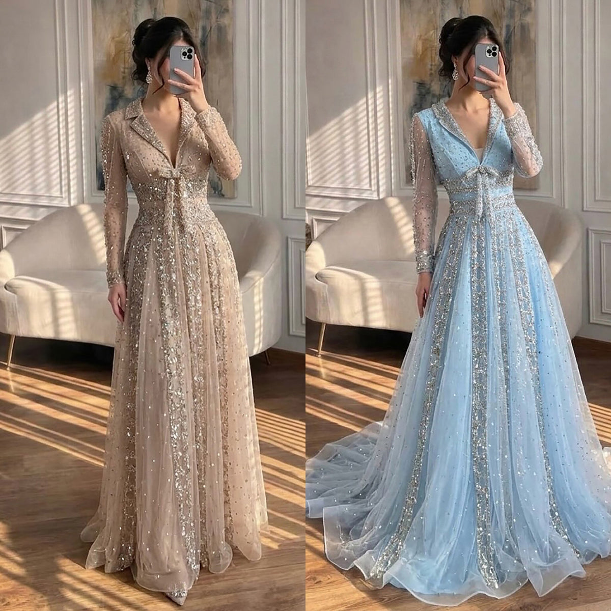 Luxury Caramel V Neck Beaded Bow A Line Evening Gown LA73663