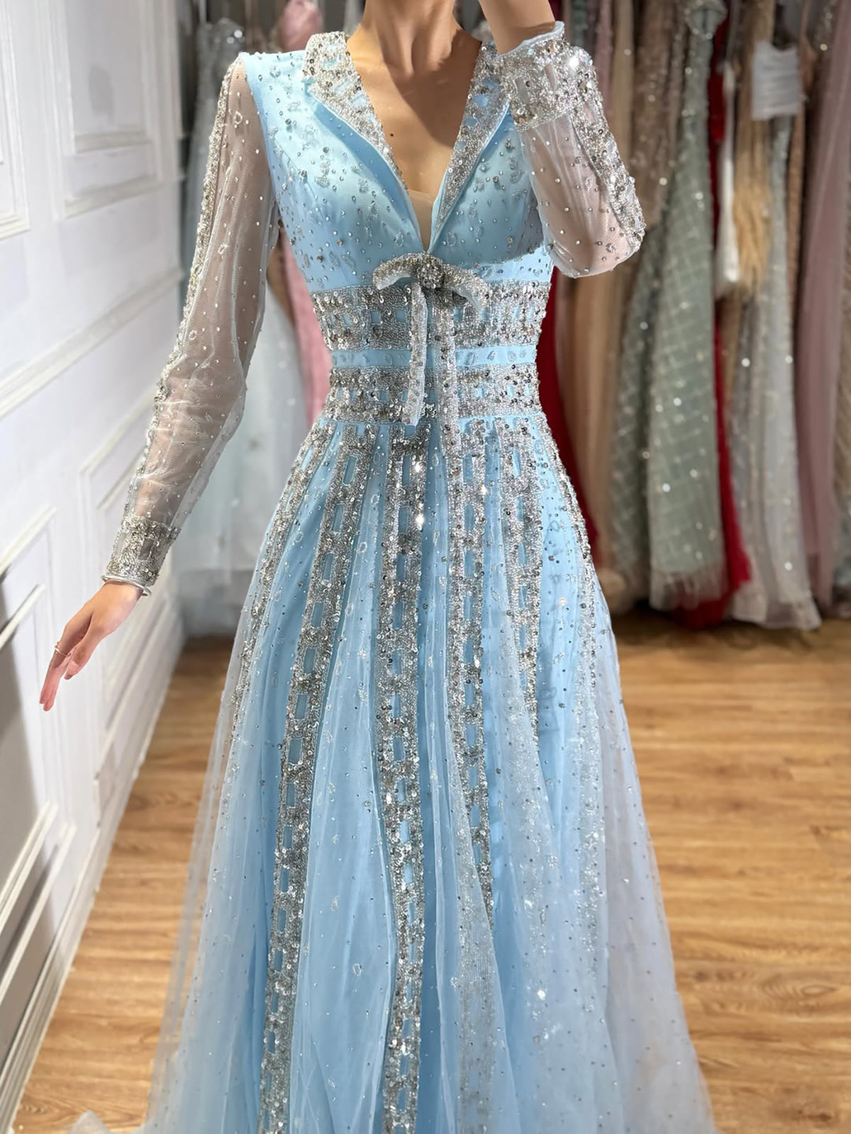 Luxury Caramel V Neck Beaded Bow A Line Evening Gown LA73663