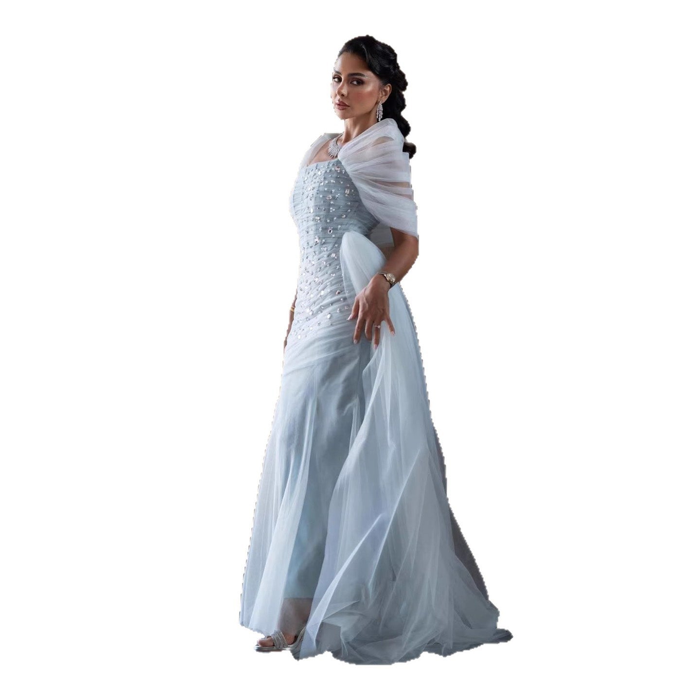 Luxury Blue Beaded Mermaid Evening Dress With Overskirt LA73664