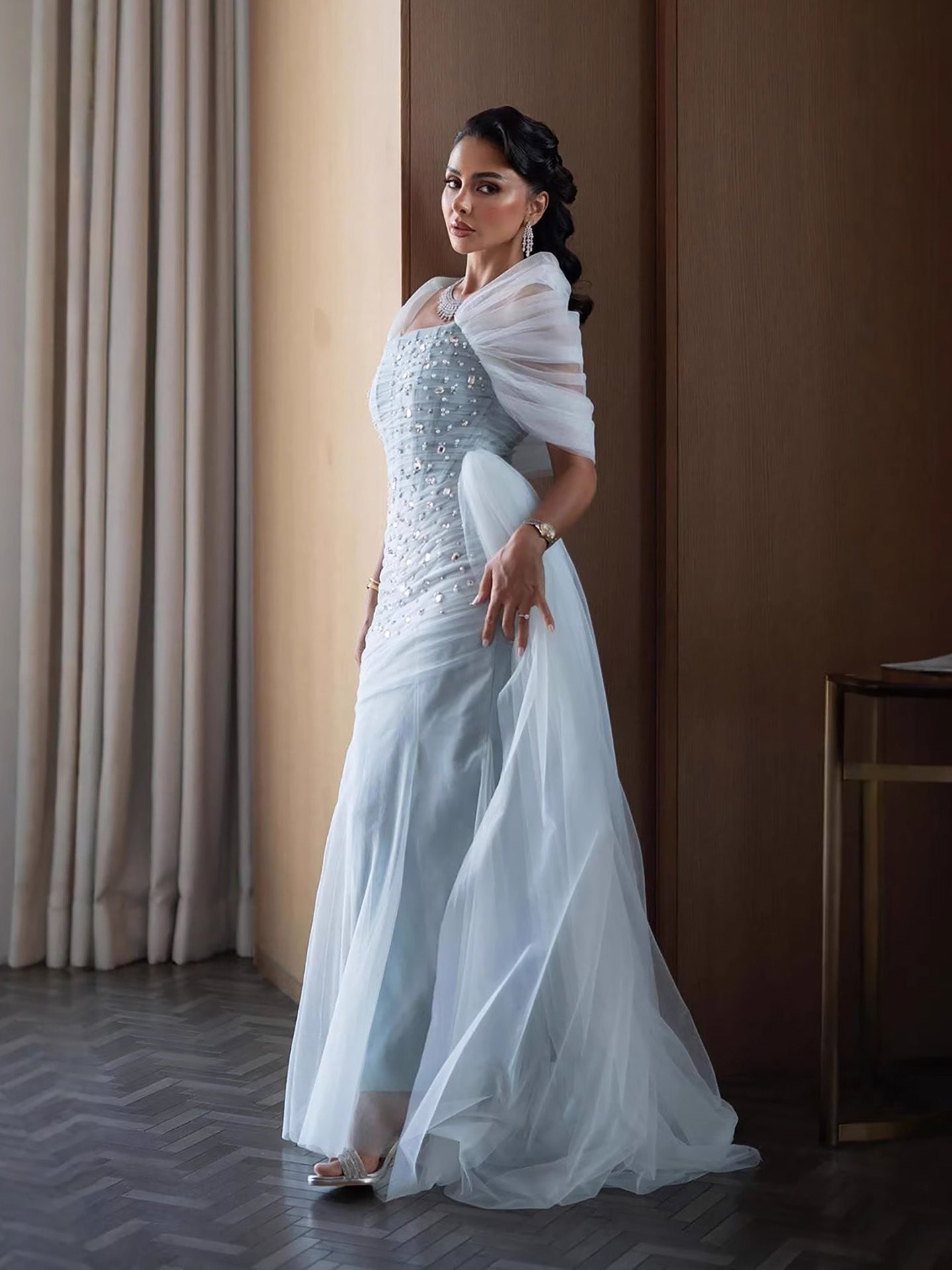 Luxury Blue Beaded Mermaid Evening Dress With Overskirt LA73664