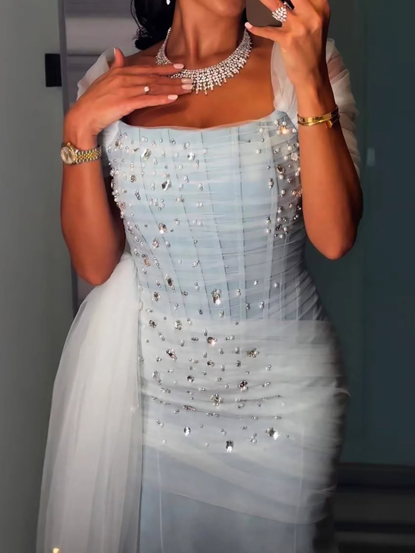 Luxury Blue Beaded Mermaid Evening Dress With Overskirt LA73664