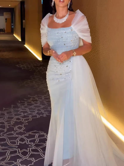 Luxury Blue Beaded Mermaid Evening Dress With Overskirt LA73664