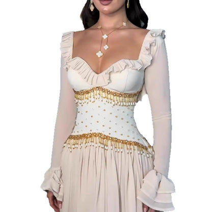 Luxury Beige Beaded A Line Evening Dress Long Sleeves LA73665