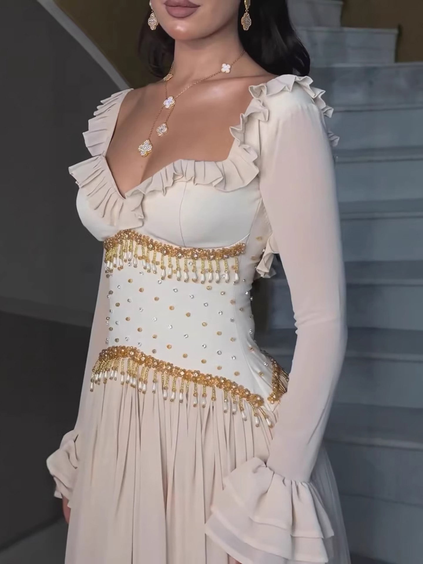 Luxury Beige Beaded A Line Evening Dress Long Sleeves LA73665