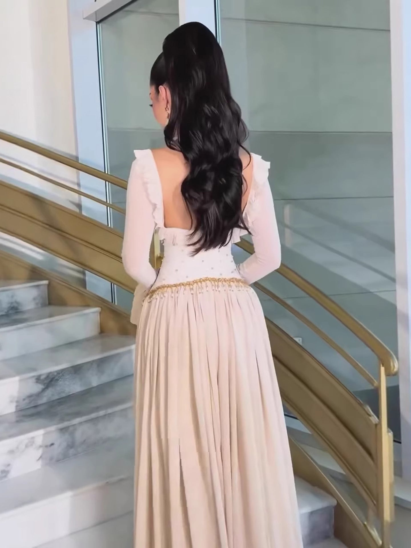 Luxury Beige Beaded A Line Evening Dress Long Sleeves LA73665