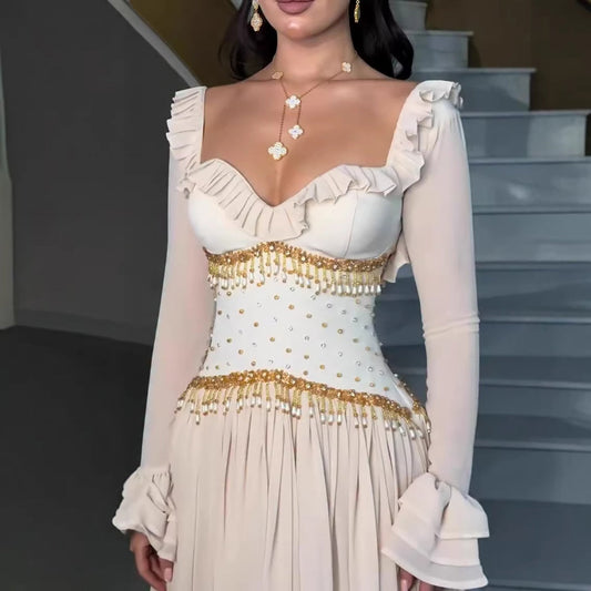 Luxury Beige Beaded A Line Evening Dress Long Sleeves LA73665