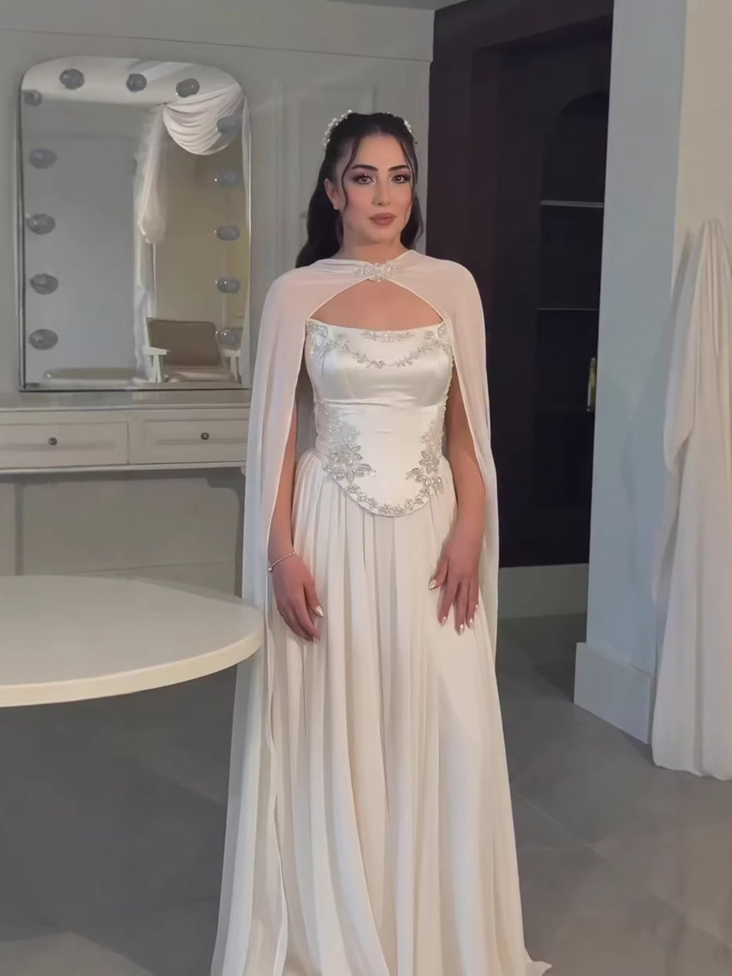 Luxury White A-Line Evening Dress With Cape Beaded Appliques LA73666