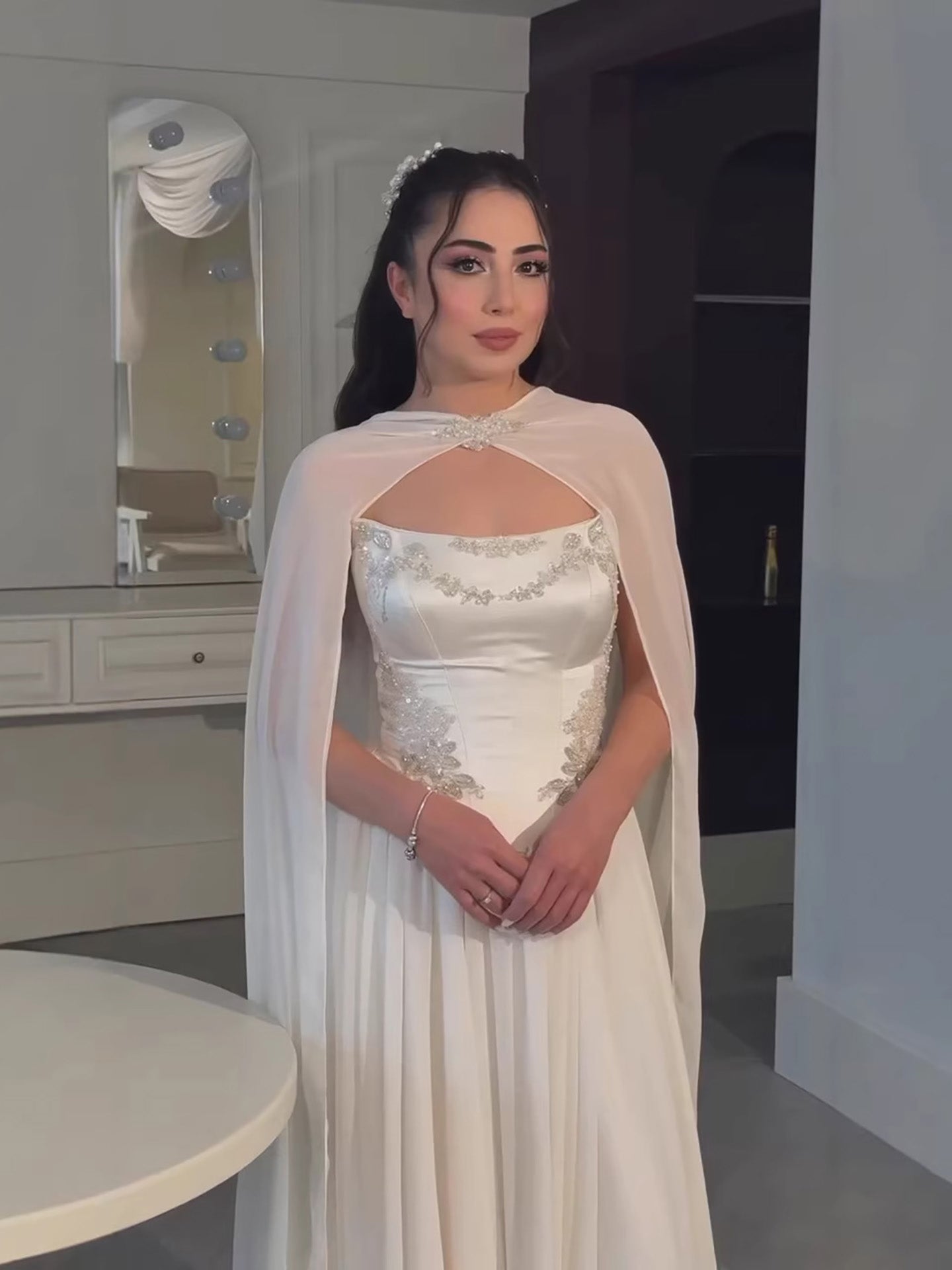 Luxury White A-Line Evening Dress With Cape Beaded Appliques LA73666