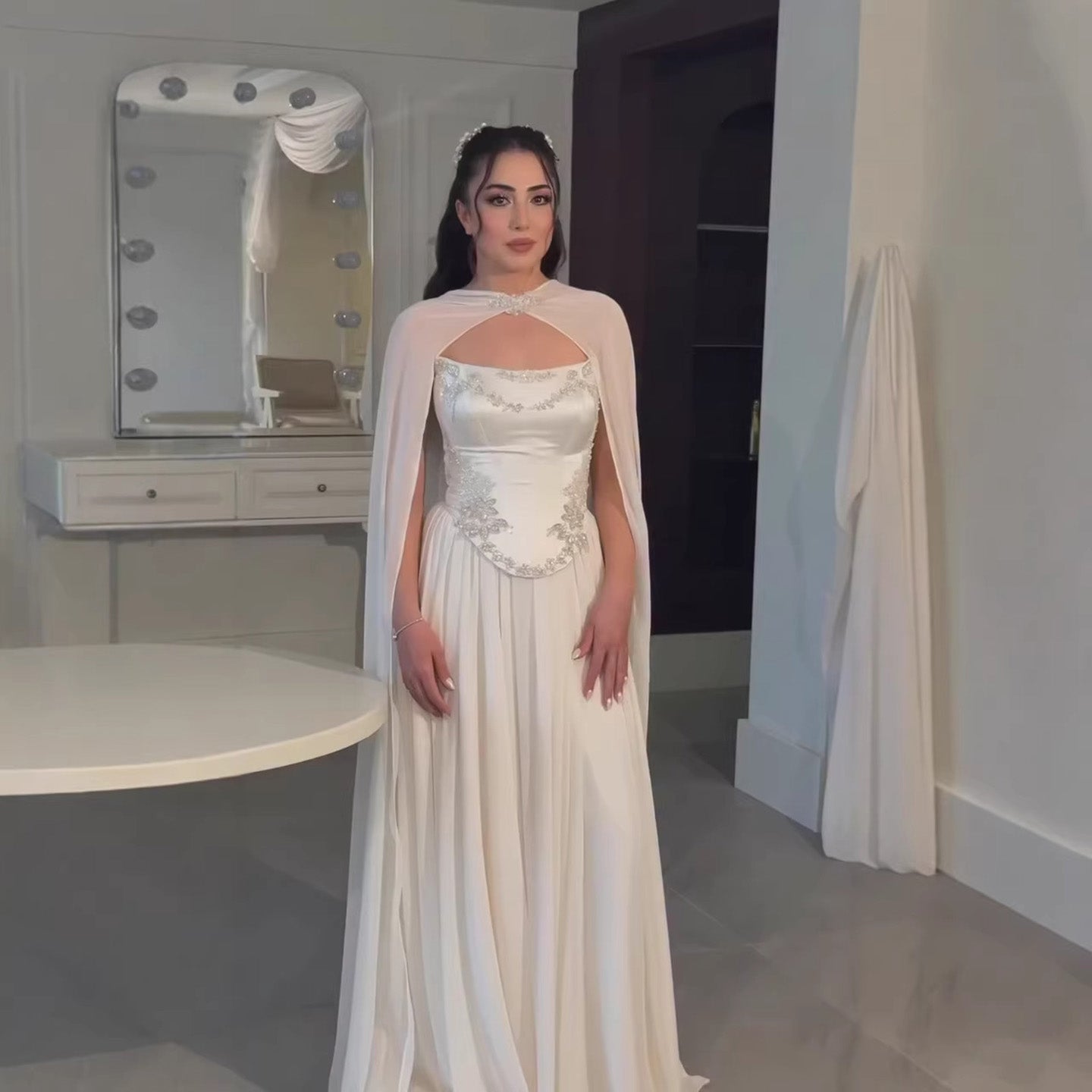 Luxury White A-Line Evening Dress With Cape Beaded Appliques LA73666