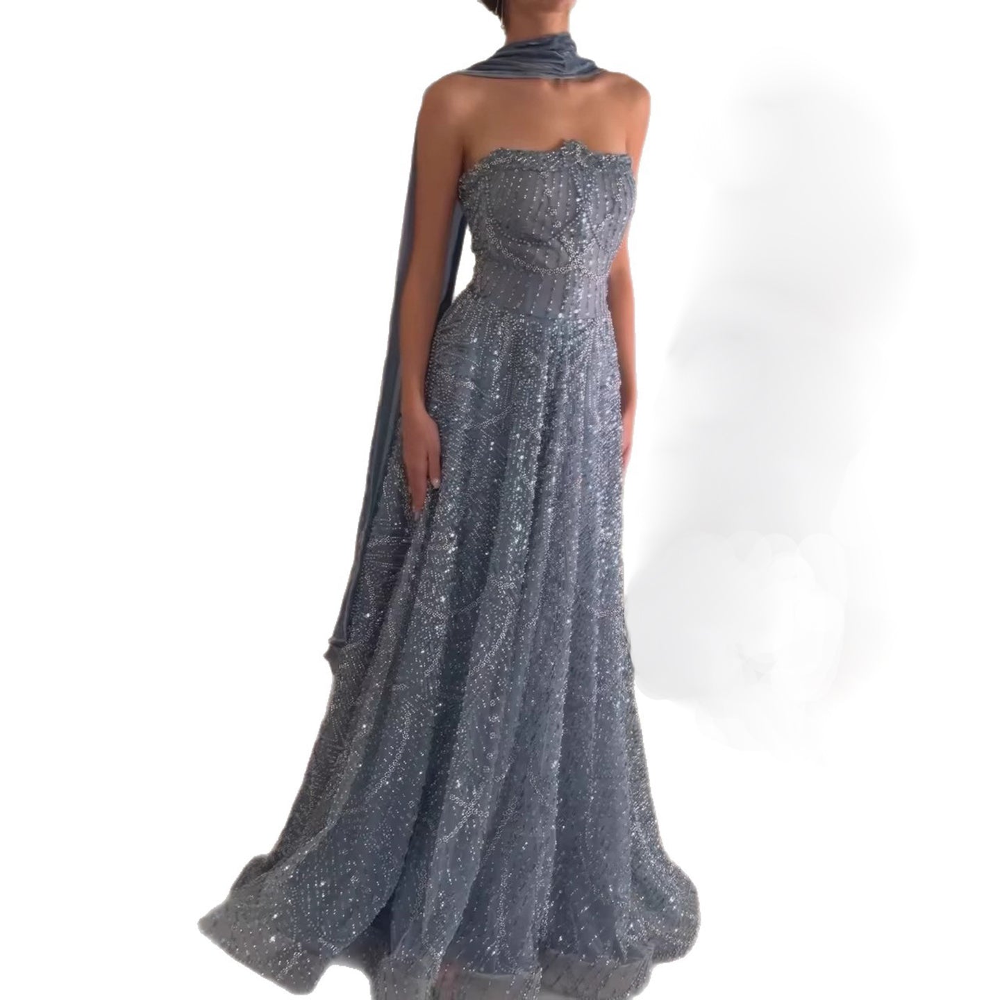 Luxury Blue Beaded A-Line Evening Dress with Cape Scarf LA73668