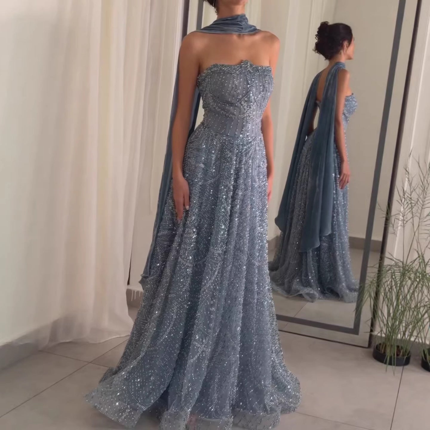 Luxury Blue Beaded A-Line Evening Dress with Cape Scarf LA73668