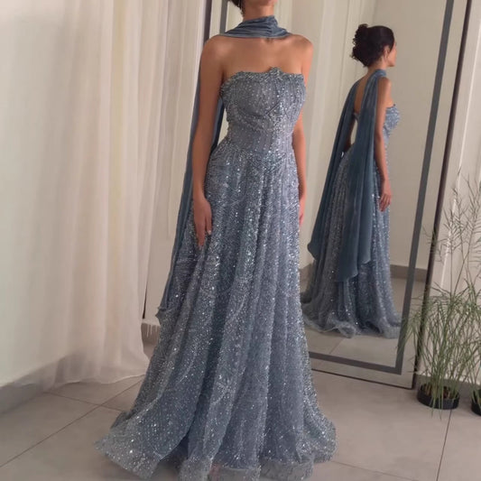 Luxury Blue Beaded A-Line Evening Dress with Cape Scarf LA73668
