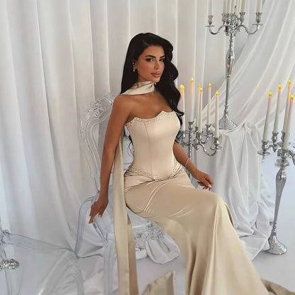 Luxury Nude Beaded Mermaid Prom Dress with Silk Scarf LA73669