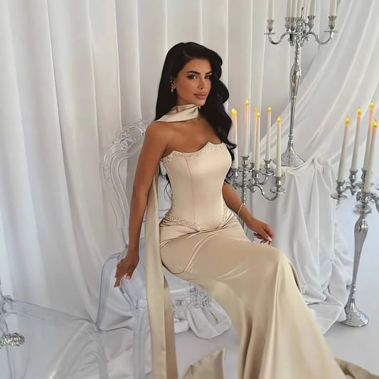 Luxury Cream Beaded Mermaid Prom Dress with Silk Scarf LA73669