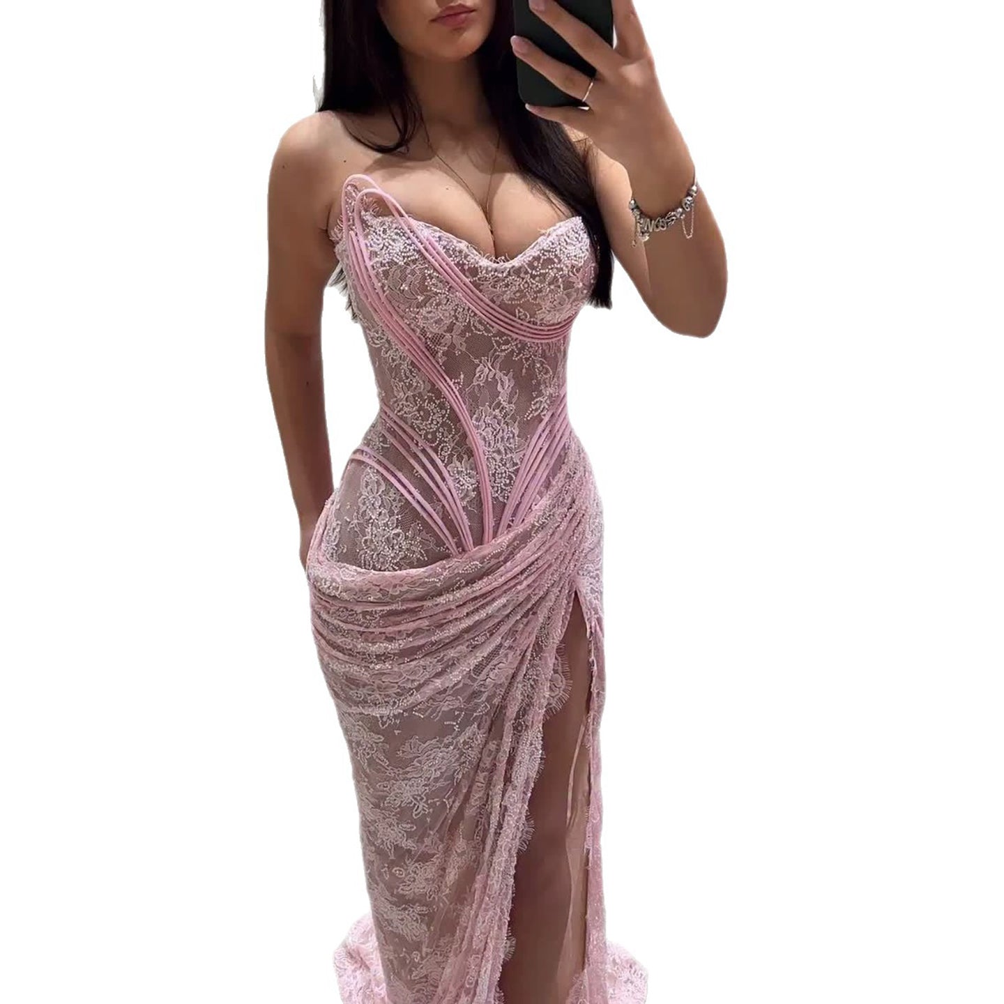 Luxury Pink Lace Corset Mermaid Slit Evening Dress LA73670