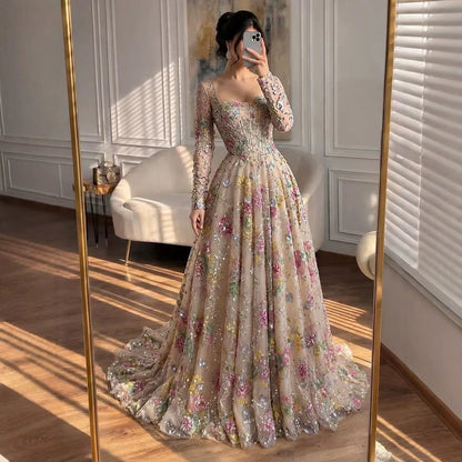 Luxury Nude Pink Colorful Floral Sequin Embroidered A-Line Dress LA73670