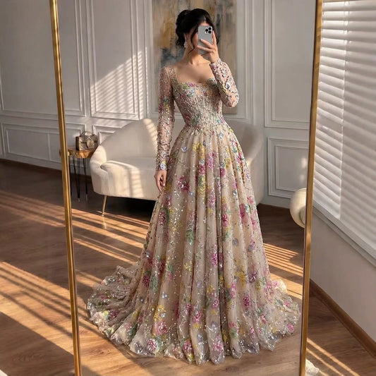 Luxury Nude Pink Colorful Floral Sequin Embroidered A-Line Dress LA73670