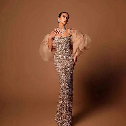Luxury Nude Beaded Mermaid Evening Dress Puffy Sleeves LA73671