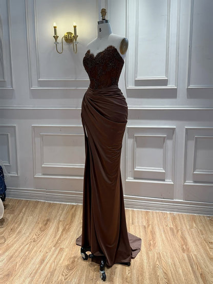 Luxury Brown Lace Beaded Strapless Mermaid Dress LA73672