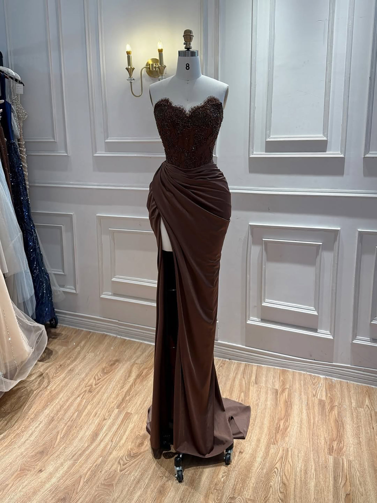 Luxury Brown Lace Beaded Strapless Mermaid Dress LA73672