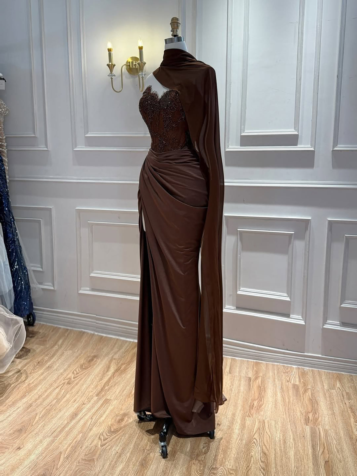 Luxury Brown Lace Beaded Strapless Mermaid Dress LA73672