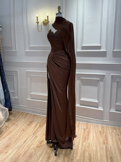 Luxury Brown Lace Beaded Strapless Mermaid Dress LA73672