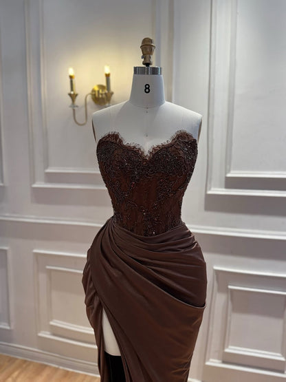 Luxury Brown Lace Beaded Strapless Mermaid Dress LA73672