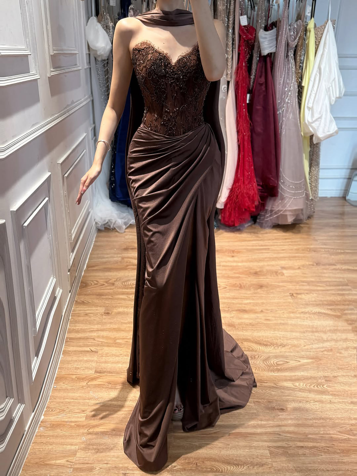 Luxury Brown Lace Beaded Strapless Mermaid Dress LA73672