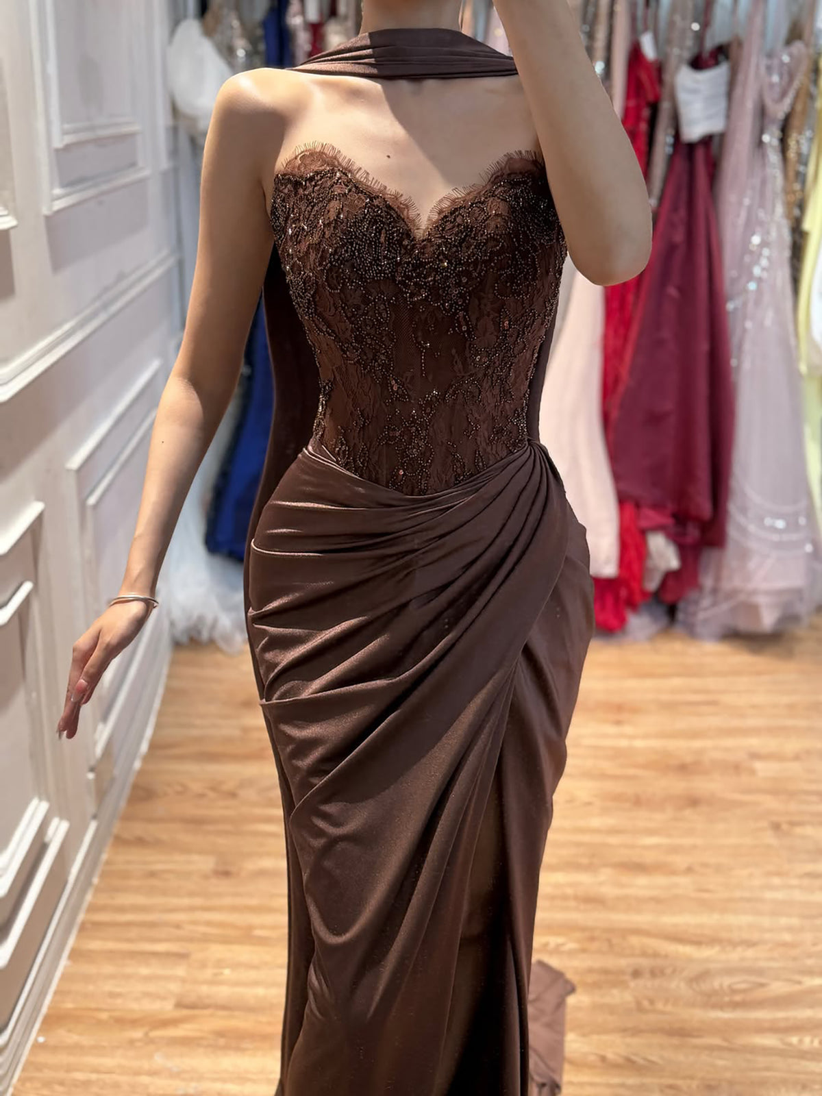 Luxury Brown Lace Beaded Strapless Mermaid Dress LA73672