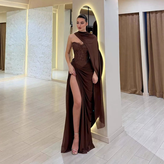 Luxury Brown Lace Beaded Strapless Mermaid Dress LA73672