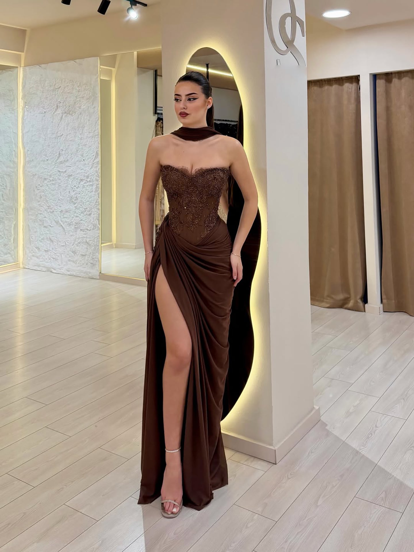 Luxury Brown Lace Beaded Strapless Mermaid Dress LA73672