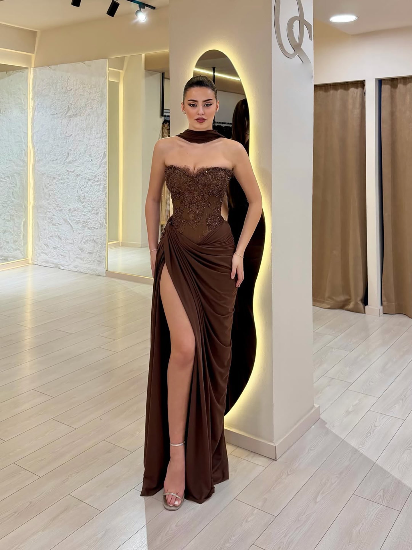 Luxury Brown Lace Beaded Strapless Mermaid Dress LA73672