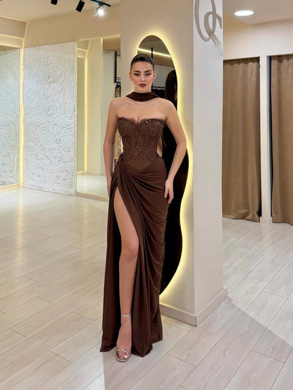 Luxury Brown Lace Beaded Strapless Mermaid Dress LA73672