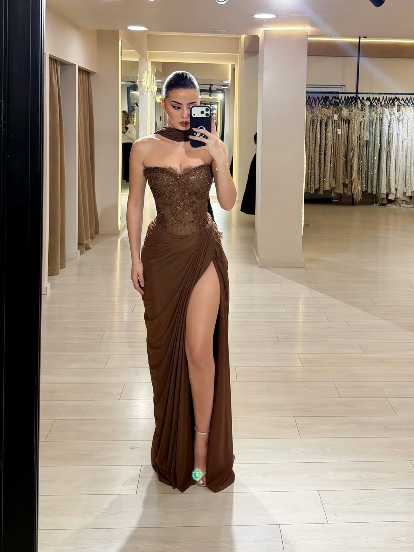 Luxury Brown Lace Beaded Strapless Mermaid Dress LA73672