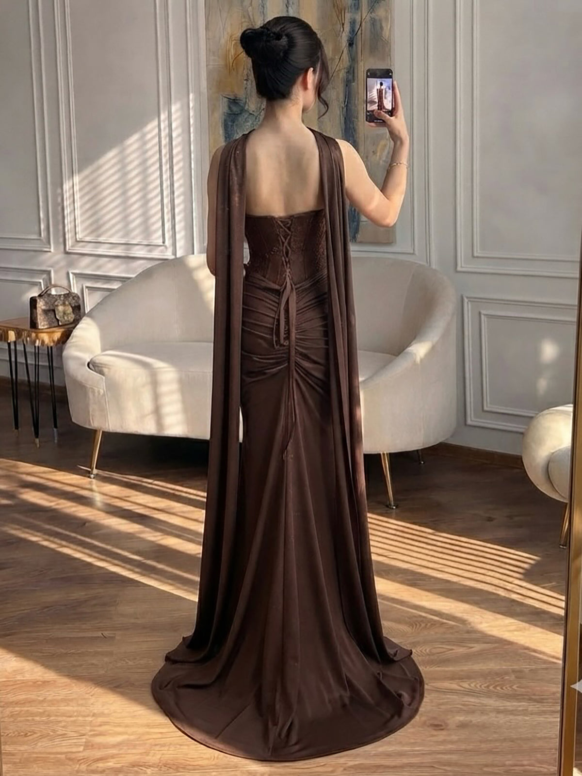Luxury Brown Lace Beaded Strapless Mermaid Dress LA73672