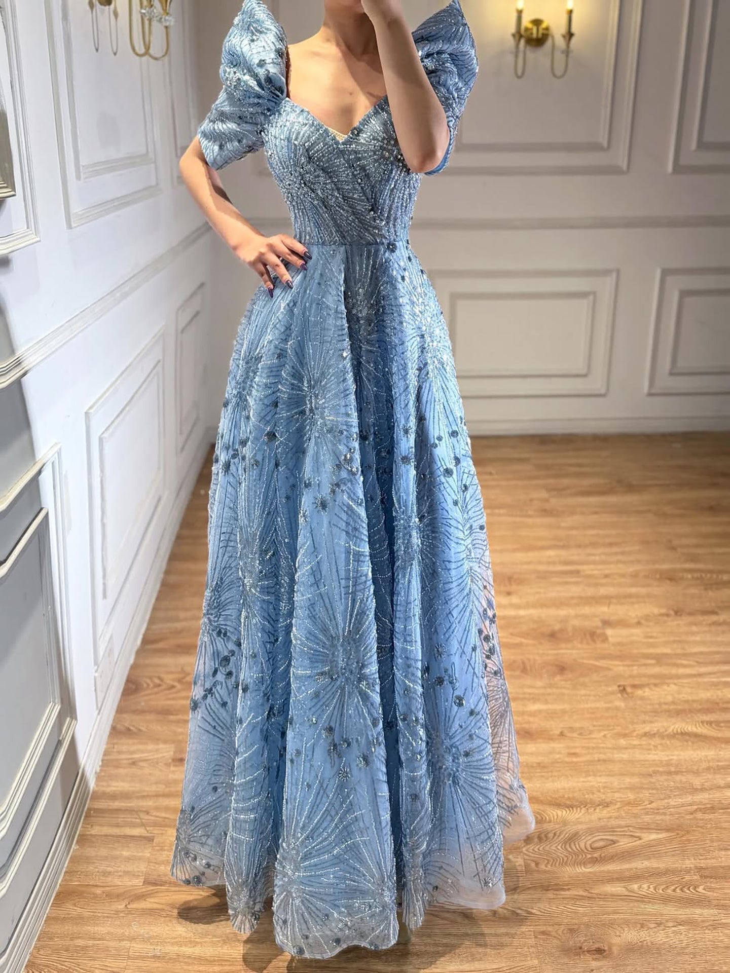 Luxury Blue Beaded A Line Evening Dress LA73675