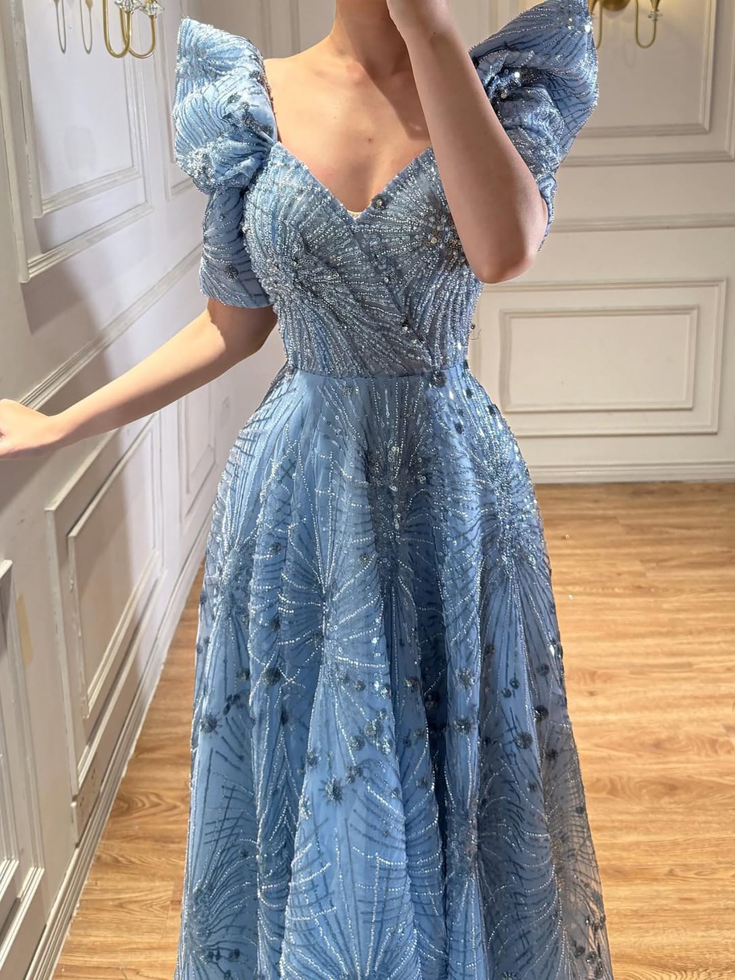 Luxury Blue Beaded A Line Evening Dress LA73675