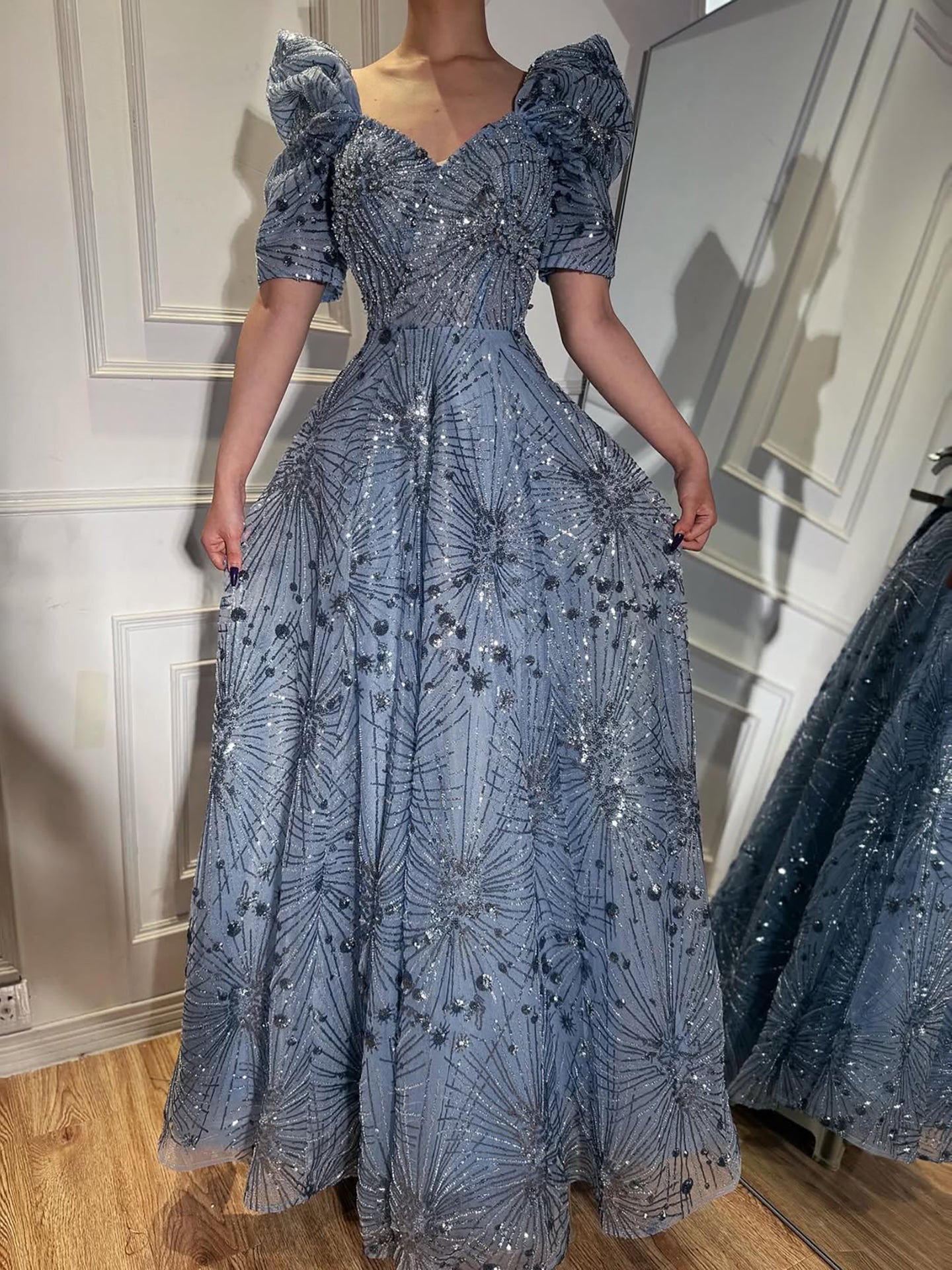 Luxury Blue Beaded A Line Evening Dress LA73675