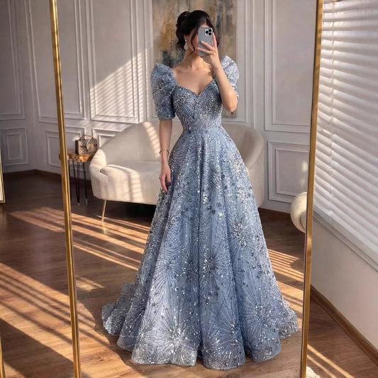 Luxury Blue Beaded A Line Evening Dress LA73675