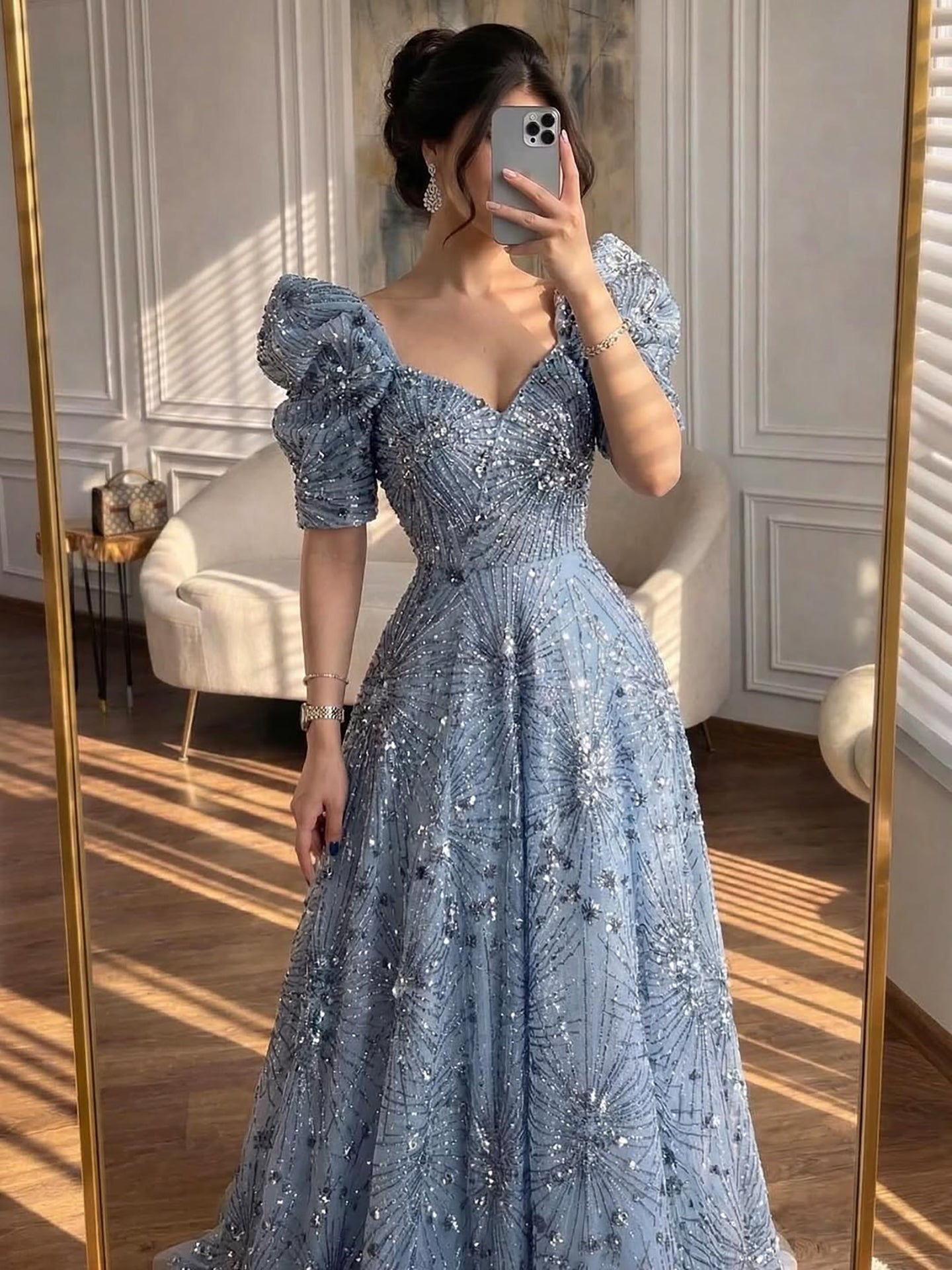 Luxury Blue Beaded A Line Evening Dress LA73675
