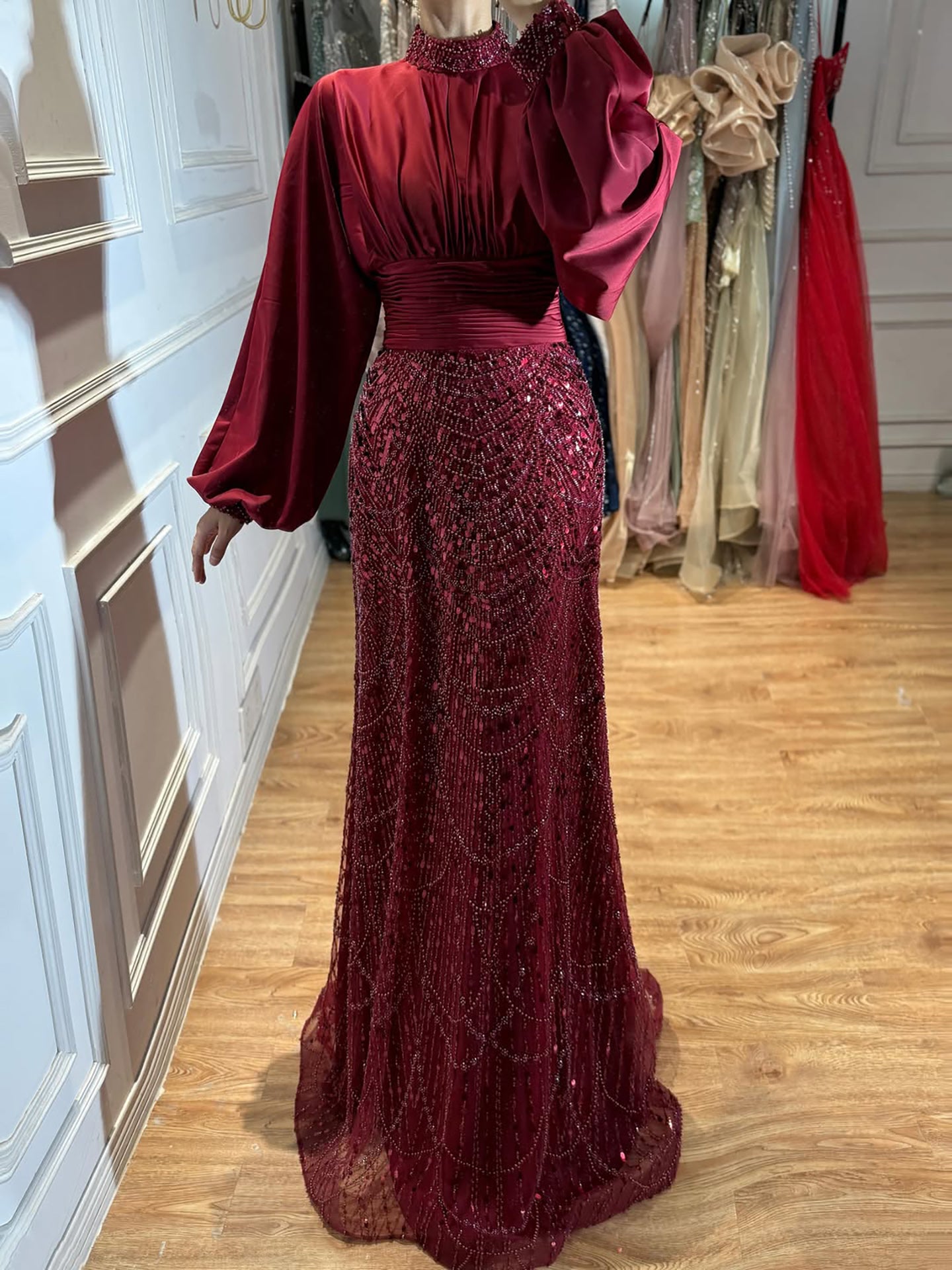 Luxury Muslim Green Satin Beaded Mermaid Evening Dress LA73676